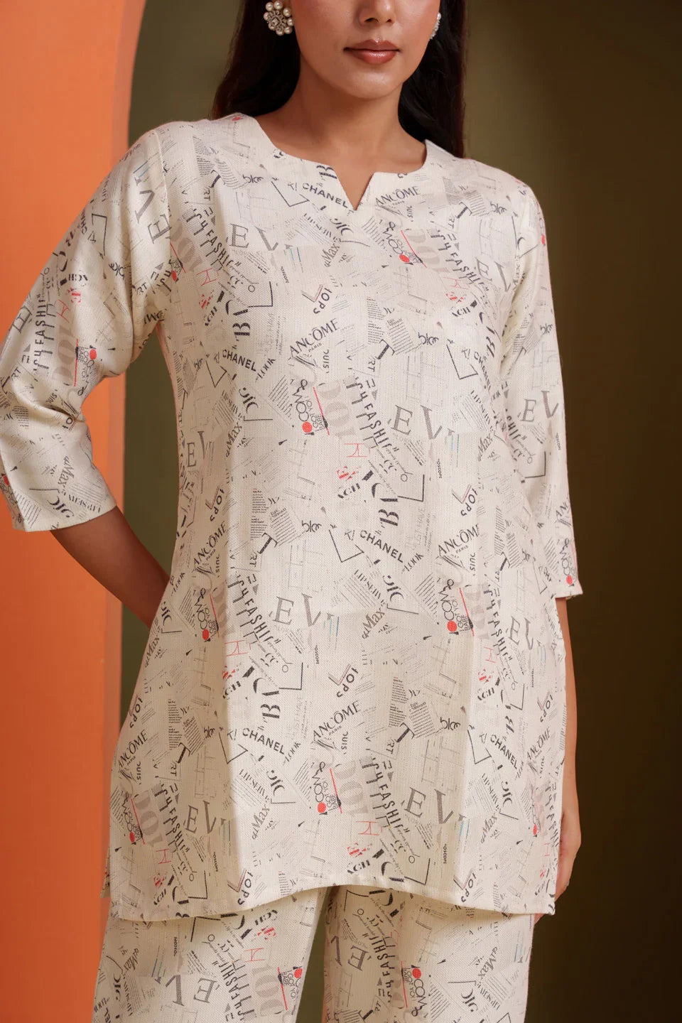 Cream printed co-ord set with newspaper-style typography, soft viscose fabric for women's stylish everyday wear