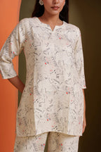 Cream printed co-ord set with newspaper-style typography, soft viscose fabric for women's stylish everyday wear