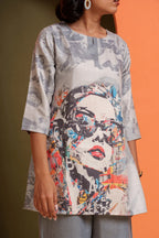 Women's abstract print tunic in soft viscose fabric, stylish co-ord set for casual or festive wear
