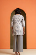 Grey abstract print tunic with wide-leg pants, modern co-ord set for women, soft viscose fabric