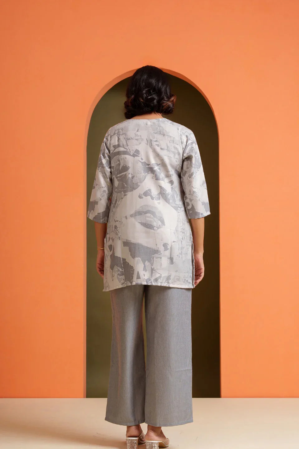 Grey abstract print tunic with wide-leg pants, modern co-ord set for women, soft viscose fabric