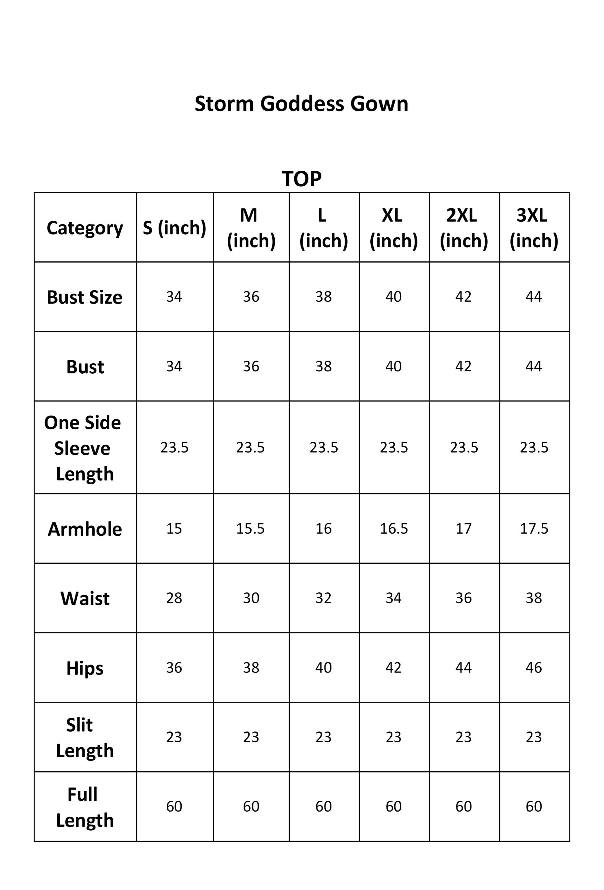 Size Chart Inches