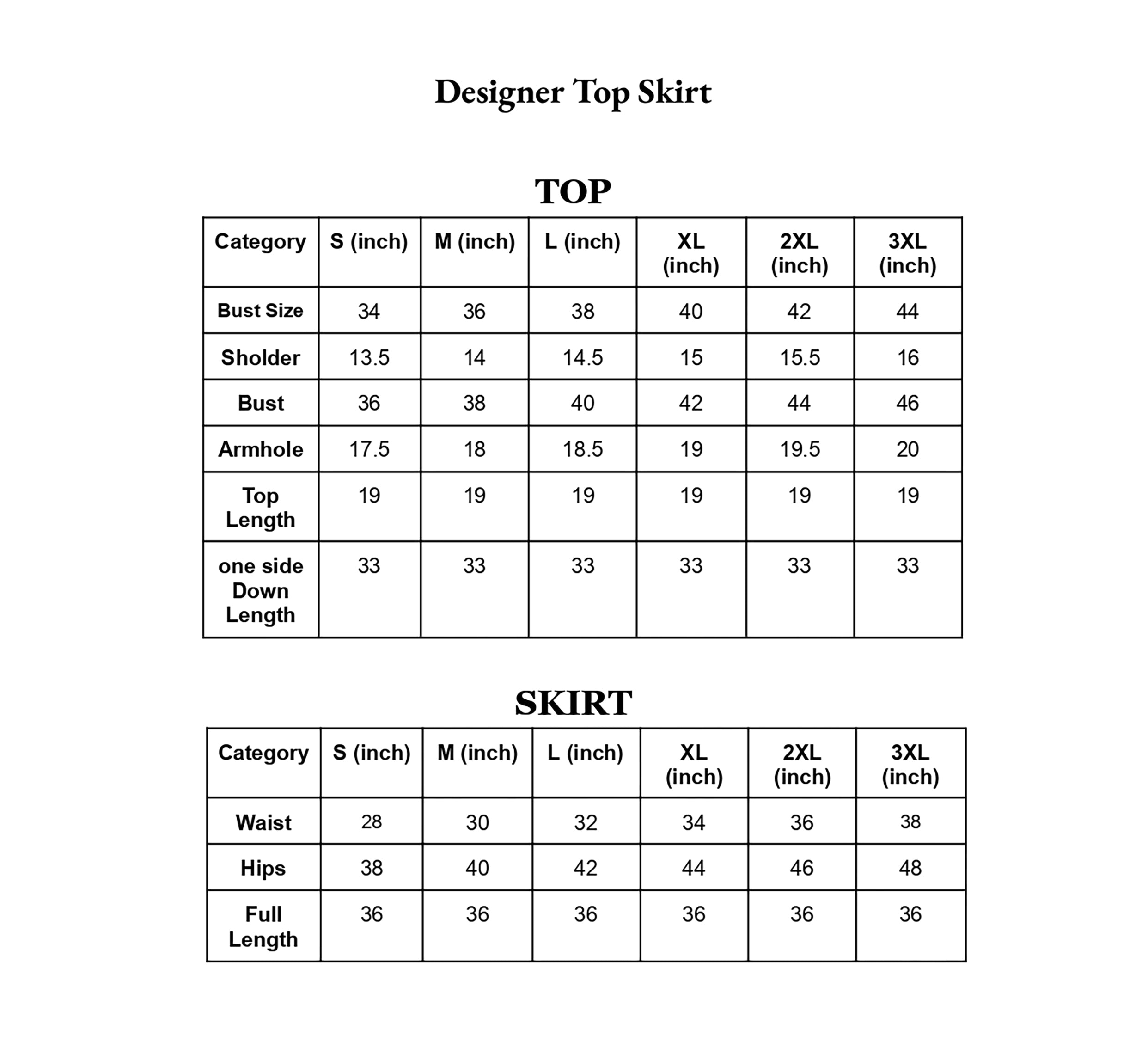 Size Chart Inches