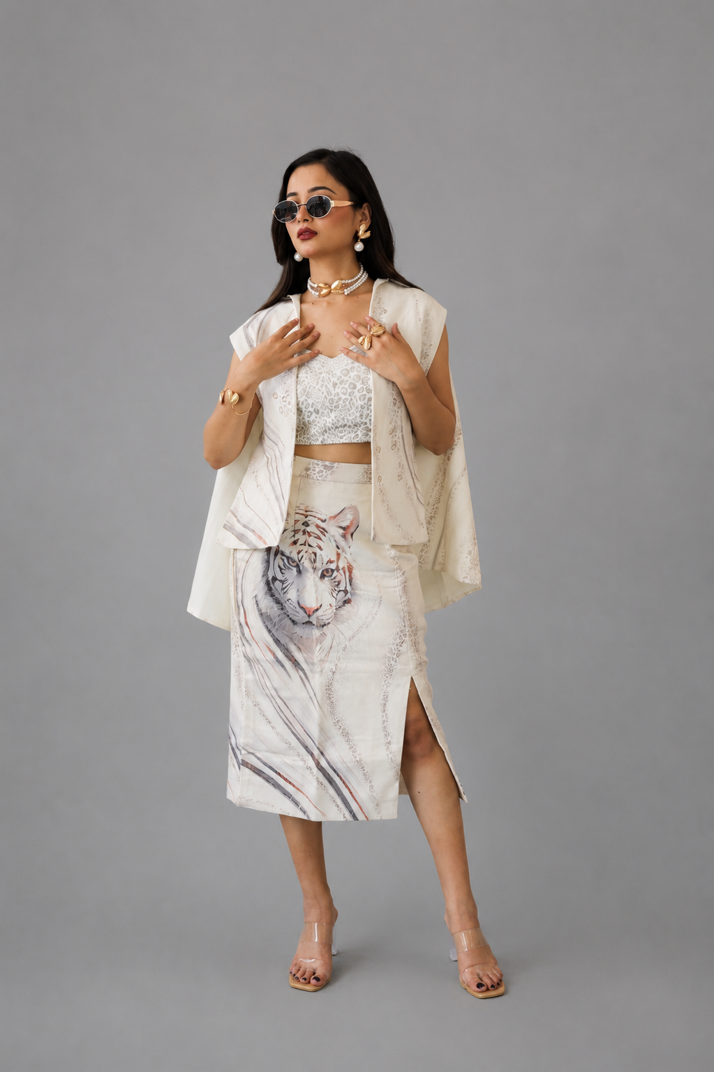 White Tiger Blazer & Pencil Skirt Set
