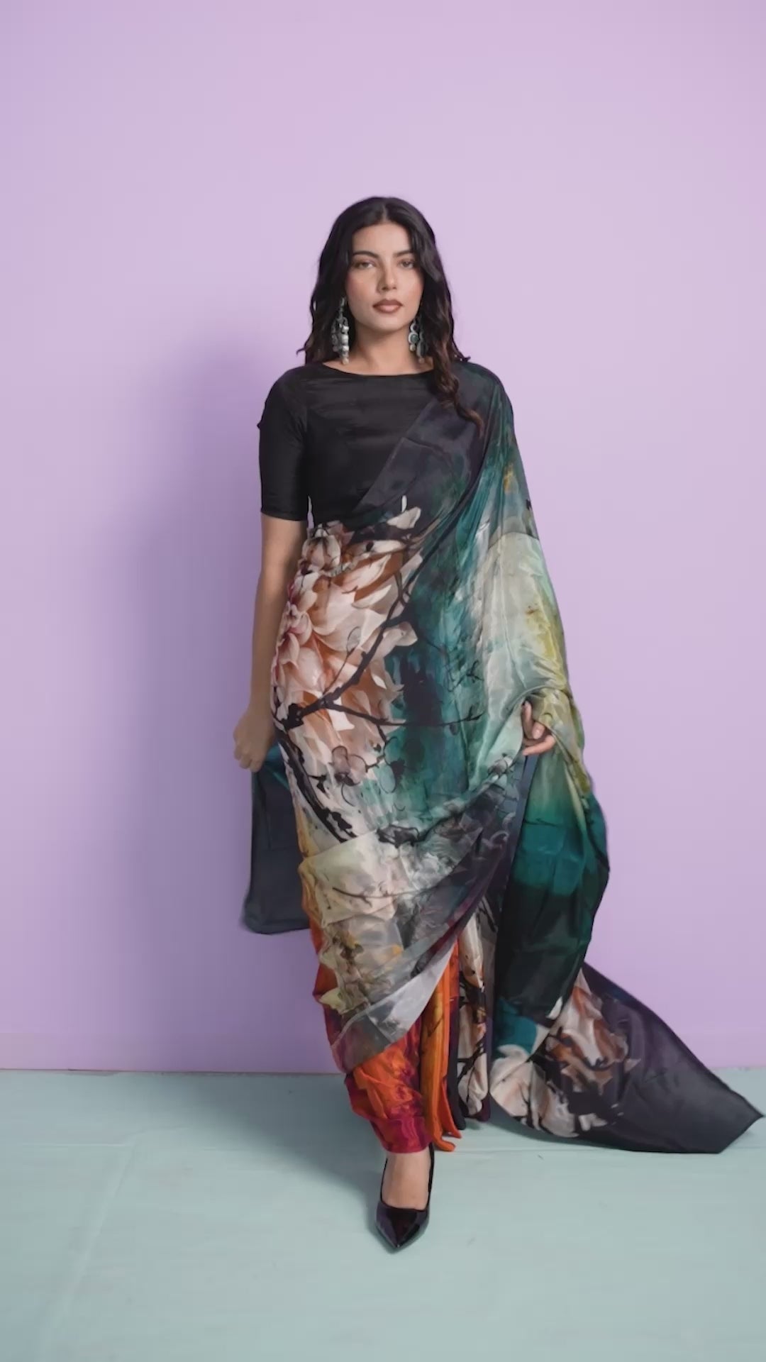 Northern Lights Aurora Floral Petals Saree